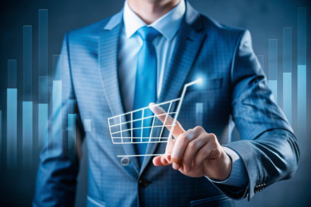 A businessman touches a virtual sales volume screen and shopping cart for a growing online sales business. A summary of the growth of online sales or the increase in the price of a grocery basket.の素材