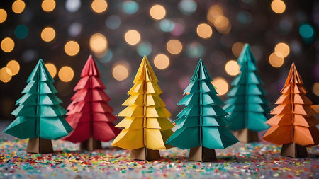 Colorful origami Christmas trees on a festive background of blurred lights and confetti. Christmas trees are made of paper. New Year's Eve 2025の素材