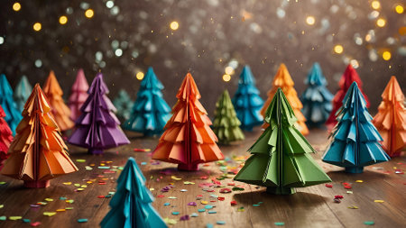 Colorful origami Christmas trees on a festive background of blurred lights and confetti. Christmas trees are made of paper. New Year's Eve 2025の素材