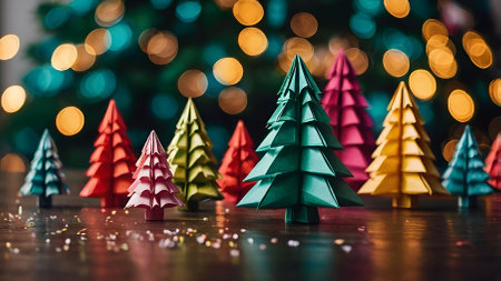 Colorful origami Christmas trees on a festive background of blurred lights and confetti. Christmas trees are made of paper. New Year's Eve 2025の素材