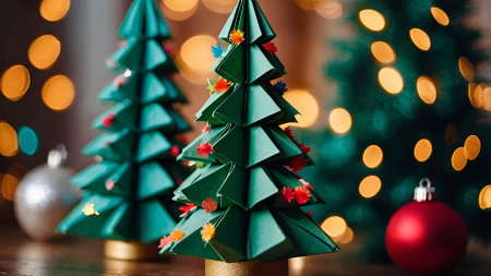 Colorful origami Christmas trees on a festive background of blurred lights and confetti. Christmas trees are made of paper. New Year's Eve 2025の素材