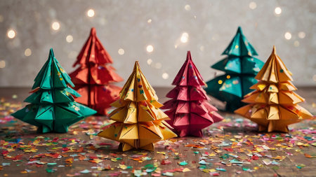 Colorful origami Christmas trees on a festive background of blurred lights and confetti. Christmas trees are made of paper. New Year's Eve 2025の素材