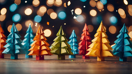 Colorful origami Christmas trees on a festive background of blurred lights and confetti. Christmas trees are made of paper. New Year's Eve 2025の素材