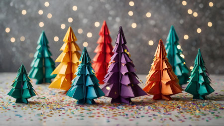 Colorful origami Christmas trees on a festive background of blurred lights and confetti. Christmas trees are made of paper. New Year's Eve 2025の素材
