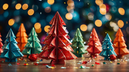 Colorful origami Christmas trees on a festive background of blurred lights and confetti. Christmas trees are made of paper. New Year's Eve 2025の素材
