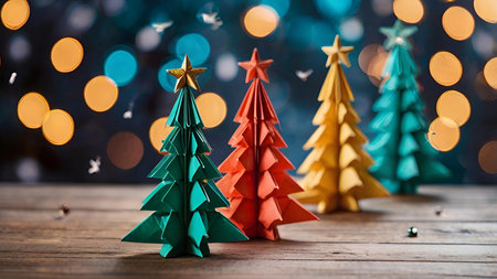Colorful origami Christmas trees on a festive background of blurred lights and confetti. Christmas trees are made of paper. New Year's Eve 2025の素材