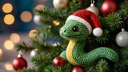 A Christmas card. The knitted symbol of the year 2025 is a green snake on the branches of a Christmas tree. Knitting, crafts, handmade jewelry.の素材