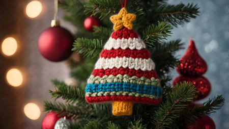 New Year card. Knitted Christmas multicolored Christmas tree on the branches of a fir tree. Knitting, crafts, handmade jewelry.の素材