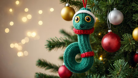A Christmas card. The knitted symbol of the year 2025 is a green snake on the branches of a Christmas tree. Knitting, crafts, handmade jewelry.の素材