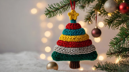 New Year card. Knitted Christmas multicolored Christmas tree on the branches of a fir tree. Knitting, crafts, handmade jewelry.の素材