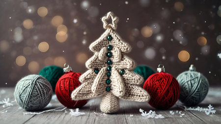 New Year card. Knitted Christmas white Christmas tree on . Knitting, crafts, handmade jewelry.の素材