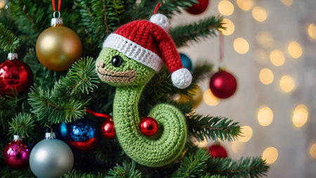 A Christmas card. The knitted symbol of the year 2025 is a green snake on the branches of a Christmas tree. Knitting, crafts, handmade jewelry.の素材
