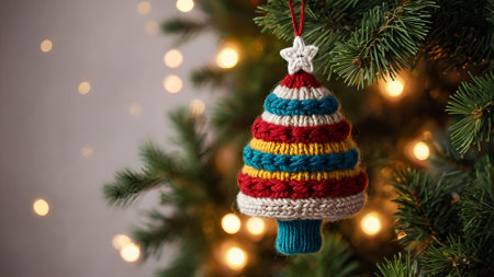 New Year card. Knitted Christmas multicolored Christmas tree on the branches of a fir tree. Knitting, crafts, handmade jewelry.の素材