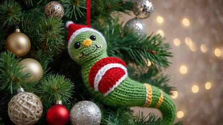A Christmas card. The knitted symbol of the year 2025 is a green snake on the branches of a Christmas tree. Knitting, crafts, handmade jewelry.の素材