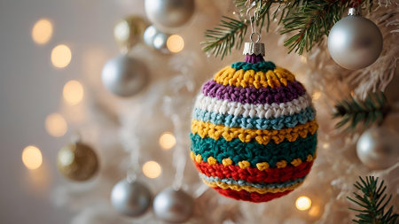 A Christmas card. A knitted multicolored ball on the branches of a Christmas tree. Knitting, crafts, handmade jewelry.の素材