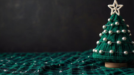 A Christmas card. Knitted green Christmas tree on the background of a knitted plaid. Knitting, crafts, handmade jewelry.の素材
