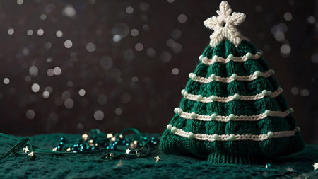 A Christmas card. Knitted green Christmas tree on the background of a knitted plaid. Knitting, crafts, handmade jewelry.の素材