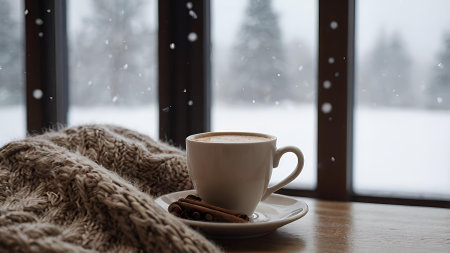 A mug with hot cocoa or coffee on the winter window. The drink is steaming. A cozy photo in delicate, warm beige shades. Harmony and cozy concept of Christmas and winter.の素材