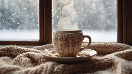 A mug with hot cocoa or coffee on the winter window. The drink is steaming. A cozy photo in delicate, warm beige shades. Harmony and cozy concept of Christmas and winter.の素材