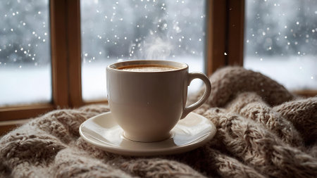 A mug with hot cocoa or coffee on the winter window. The drink is steaming. A cozy photo in delicate, warm beige shades. Harmony and cozy concept of Christmas and winter.の素材