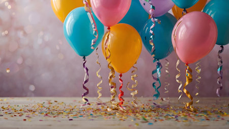 A festive birthday background or a background for a sale with colorful balloons and a flying serpentine.の素材