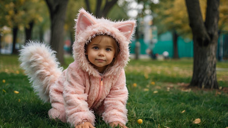 Quadrober. A girl in a cat outfit on a city street. Imitation of animal movement. Trends in teenage lifestyle, the impact of social networks on young people.の素材