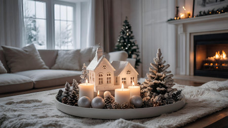 New Year and Christmas. Scandinavian white houses, candles, Christmas trees, cones and toys on a wooden table in the home interior of the living room. A cozy concept for the festive decoration of the house.の素材