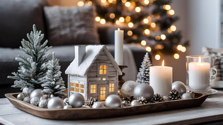New Year and Christmas. Scandinavian white houses, candles, Christmas trees, cones and toys on a wooden table in the home interior of the living room. A cozy concept for the festive decoration of the house.の素材