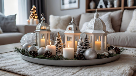 New Year and Christmas. Scandinavian white houses, candles, Christmas trees, cones and toys on a wooden table in the home interior of the living room. A cozy concept for the festive decoration of the house.の素材
