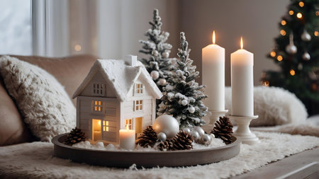 New Year and Christmas. Scandinavian white houses, candles, Christmas trees, cones and toys on a wooden table in the home interior of the living room. A cozy concept for the festive decoration of the house.の素材
