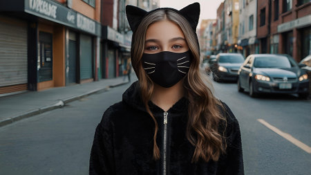 Quadrober. A girl in a cat outfit on a city street. Imitation of animal movement. Trends in teenage lifestyle, the impact of social networks on young people.の素材