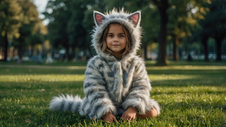 Quadrober. A girl in a cat outfit on a city street. Imitation of animal movement. Trends in teenage lifestyle, the impact of social networks on young people.の素材
