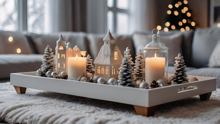 New Year and Christmas. Scandinavian white houses, candles, Christmas trees, cones and toys on a wooden table in the home interior of the living room. A cozy concept for the festive decoration of the house.の素材