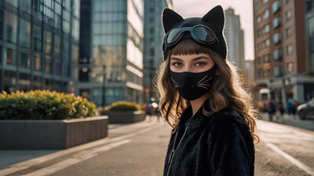 Quadrober. A girl in a cat outfit on a city street. Imitation of animal movement. Trends in teenage lifestyle, the impact of social networks on young people.の素材