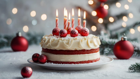 The concept of New Year's dishes. Bakery A beautiful delicious cake with Christmas trees on the table. Treats and sweets for Christmas.の素材