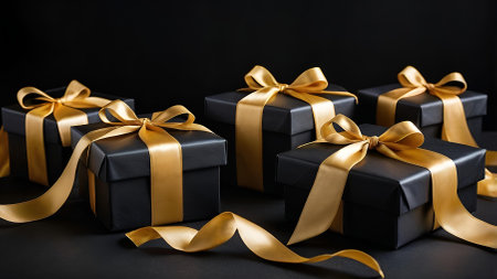 Black gift boxes with gold satin bows on a black background. A stylish concept for the Christmas and winter holidays of 2025. We prepare gifts for our loved ones.の素材