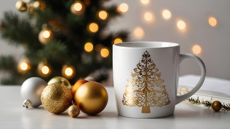 A white mug with a golden Christmas tree and golden Christmas decorations for Christmas. Decorated Christmas tree and beautiful bokeh in the background.の素材