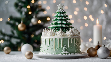 The concept of New Year's dishes. Bakery A beautiful delicious cake with Christmas trees on the table. Treats and sweets for Christmas.の素材