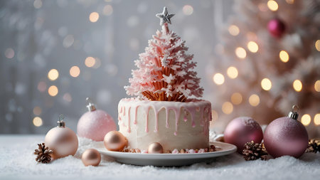 The concept of New Year's dishes. Bakery A beautiful delicious cake with Christmas trees on the table. Treats and sweets for Christmas.の素材
