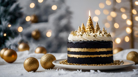 The concept of New Year's dishes. Bakery A beautiful delicious cake with Christmas trees on the table. Treats and sweets for Christmas.の素材