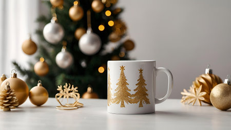 A white mug with a golden Christmas tree and golden Christmas decorations for Christmas. Decorated Christmas tree and beautiful bokeh in the background.の素材