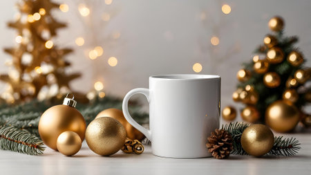 A mock-up of a white empty mug and gold Christmas decorations for Christmas. Decorated Christmas tree and beautiful bokeh in the background.の素材