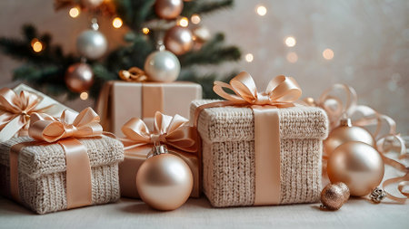 Gift knitted boxes with satin bows and fir branches with Christmas toys. A cozy concept for Christmas and winter holidays in 2025. We prepare gifts for our loved ones.の素材