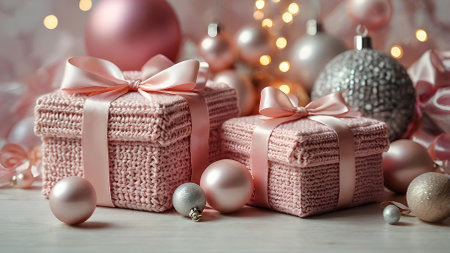 Gift knitted boxes with satin bows and fir branches with Christmas toys. A cozy concept for Christmas and winter holidays in 2025. We prepare gifts for our loved ones.の素材