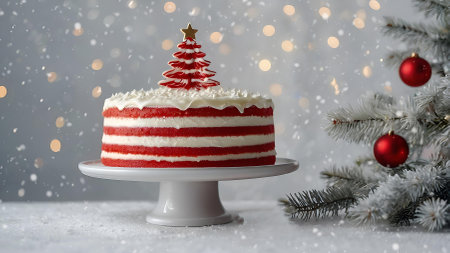 The concept of New Year's dishes. Bakery A beautiful delicious cake with Christmas trees on the table. Treats and sweets for Christmas.の素材