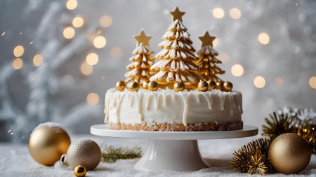 The concept of New Year's dishes. Bakery A beautiful delicious cake with Christmas trees on the table. Treats and sweets for Christmas.の素材