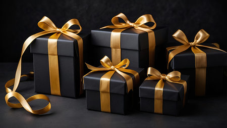 Black gift boxes with gold satin bows on a black background. A stylish concept for the Christmas and winter holidays of 2025. We prepare gifts for our loved ones.の素材