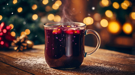 Hot mulled wine with citrus fruits, cinnamon and anise. Christmas mulled wine with spices and fruits on the table. A traditional hot drink at Christmas time.の素材