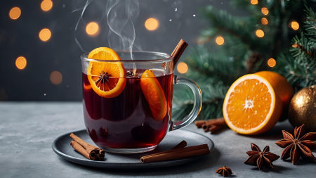 Hot mulled wine with citrus fruits, cinnamon and anise. Christmas mulled wine with spices and fruits on the table. A traditional hot drink at Christmas time.の素材