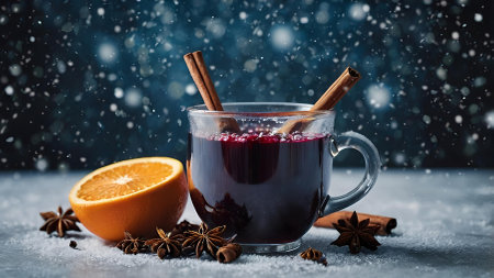 Hot mulled wine with citrus fruits, cinnamon and anise. Christmas mulled wine with spices and fruits on the table. A traditional hot drink at Christmas time.の素材